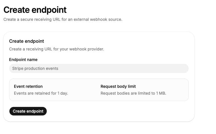 WebhookOps Console create endpoint form