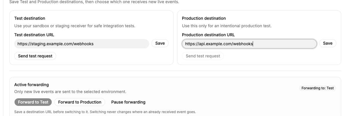 WebhookOps Console Test and Production destination settings