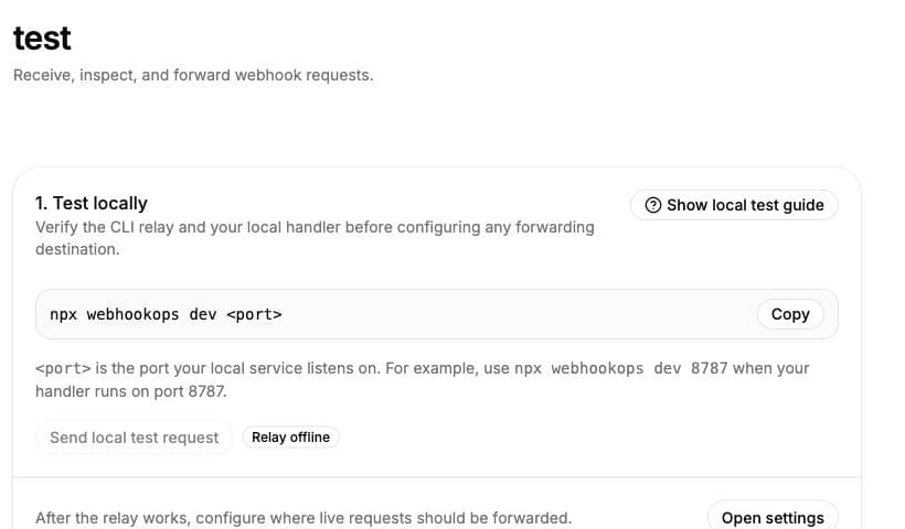 WebhookOps Console local forwarding instructions